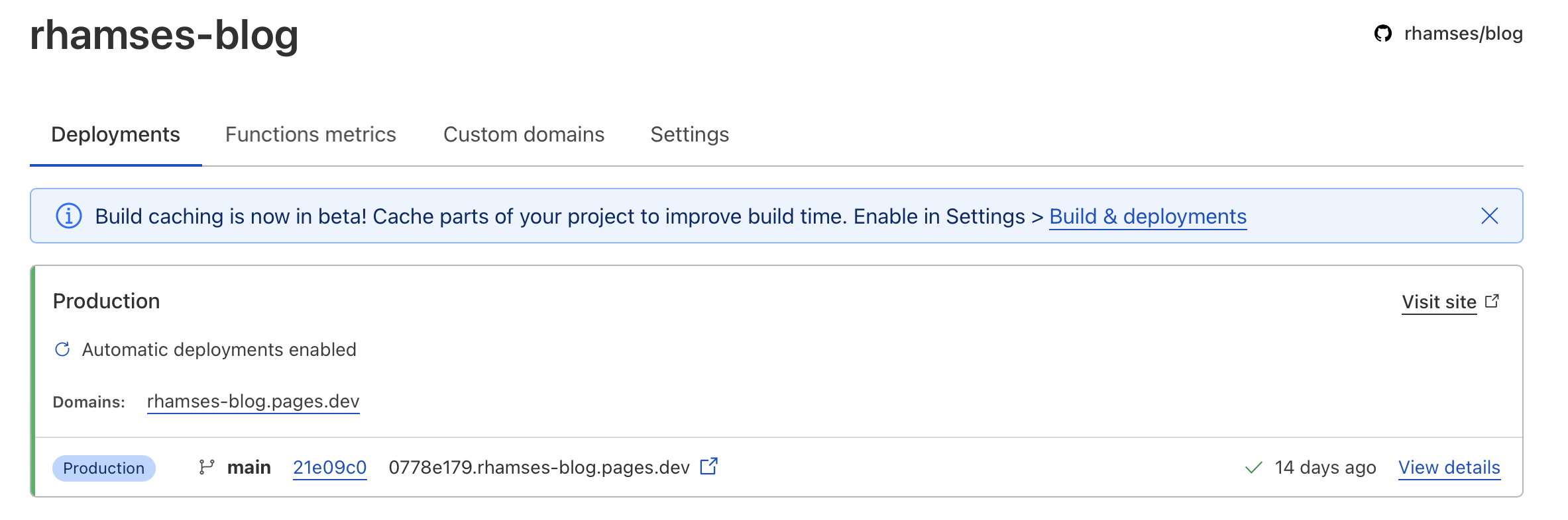 tela final mostrando o endereço do subdominio criado e as informações do último deploy