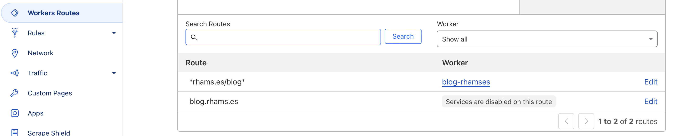 menu de regras dentro da página do domínio